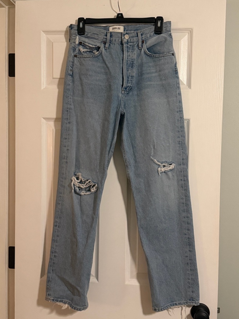 Agolde Light Blue Distressed Straight-Leg Jeans Button Fly Size 25